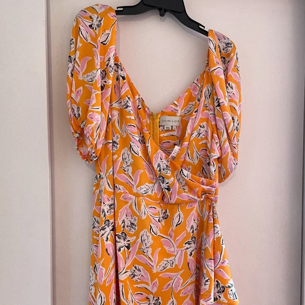 NWT Sachin Babi AVA Orange Pink Floral Ruffle Midi Wrap Dress Puff Sleeve - Picture 2 of 10
